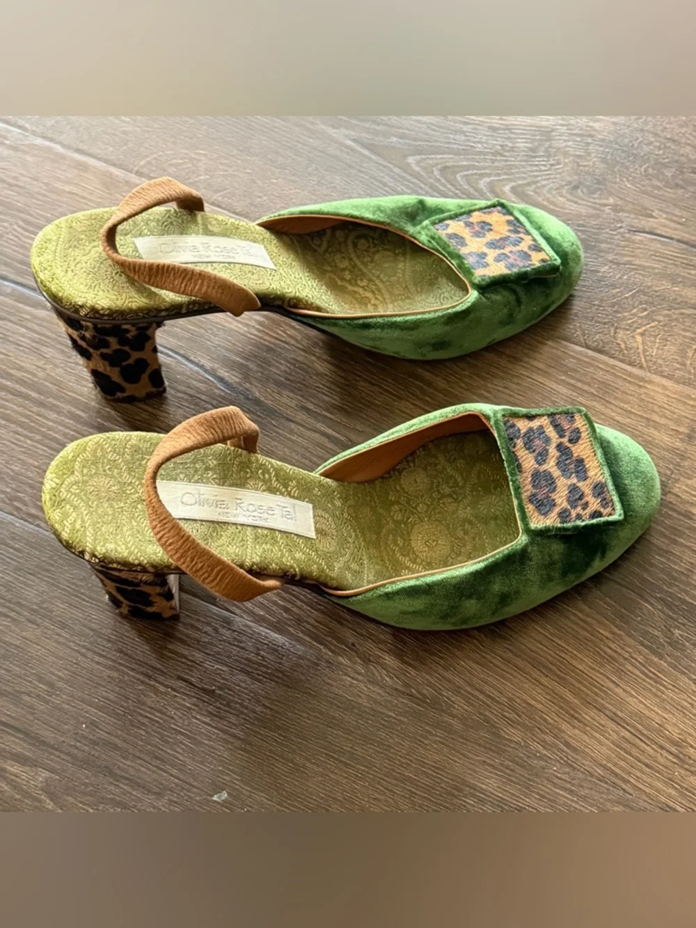 Olivia Rose Tal Green Velvet & Leopard Fur Slingback Heels size 9 - Picture 6 of 6
